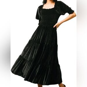 NWOT Realtix Black Velour Smocked Ruffle Hem Tiered Witchy Peasant Midi Dress